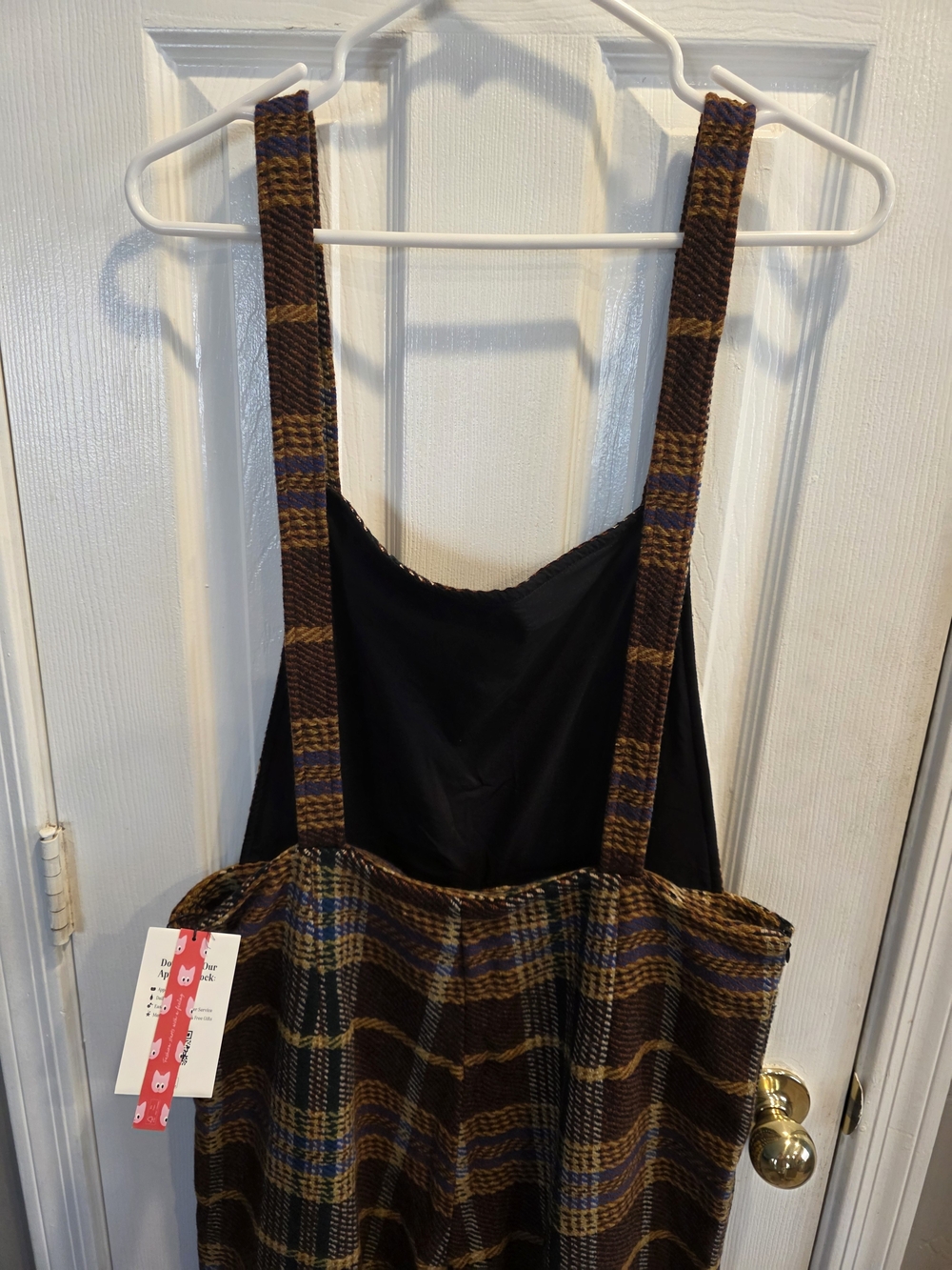 Cider Brown Plaid Cropped Overall Jumpsuit with Blue & Gold Accents - Picture 4 of 7